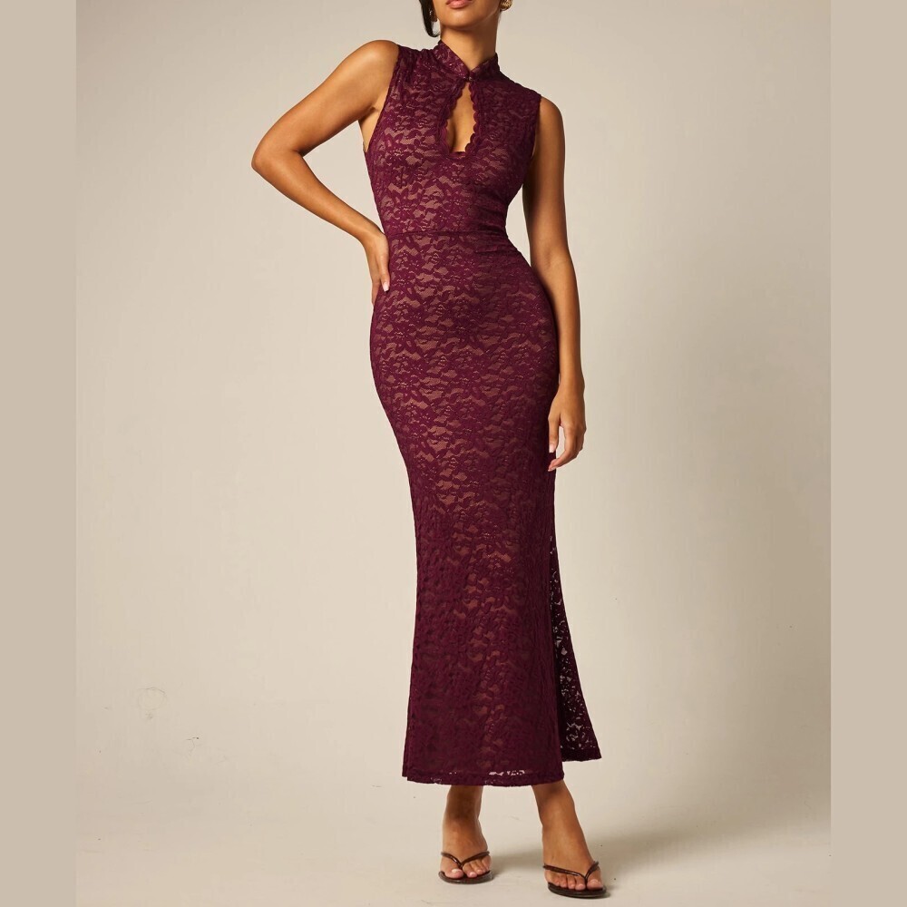 Burgundy Lace Keyhole Neckline Sleeveless Slim Fit Maxi Dress